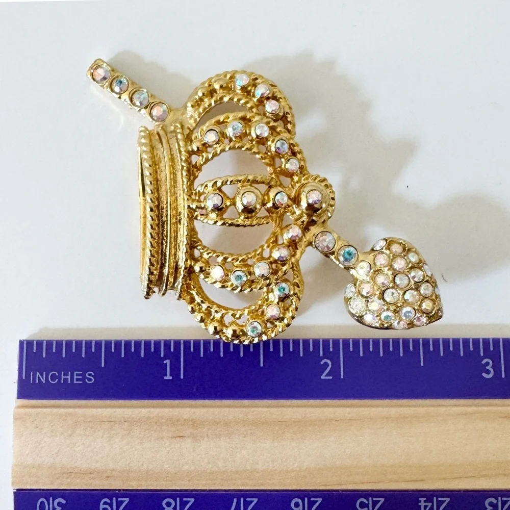 Vintage Gold Sparkly‎ Aurora Borealis Crown Pin Brooch, Princess, Queen, Sparkly